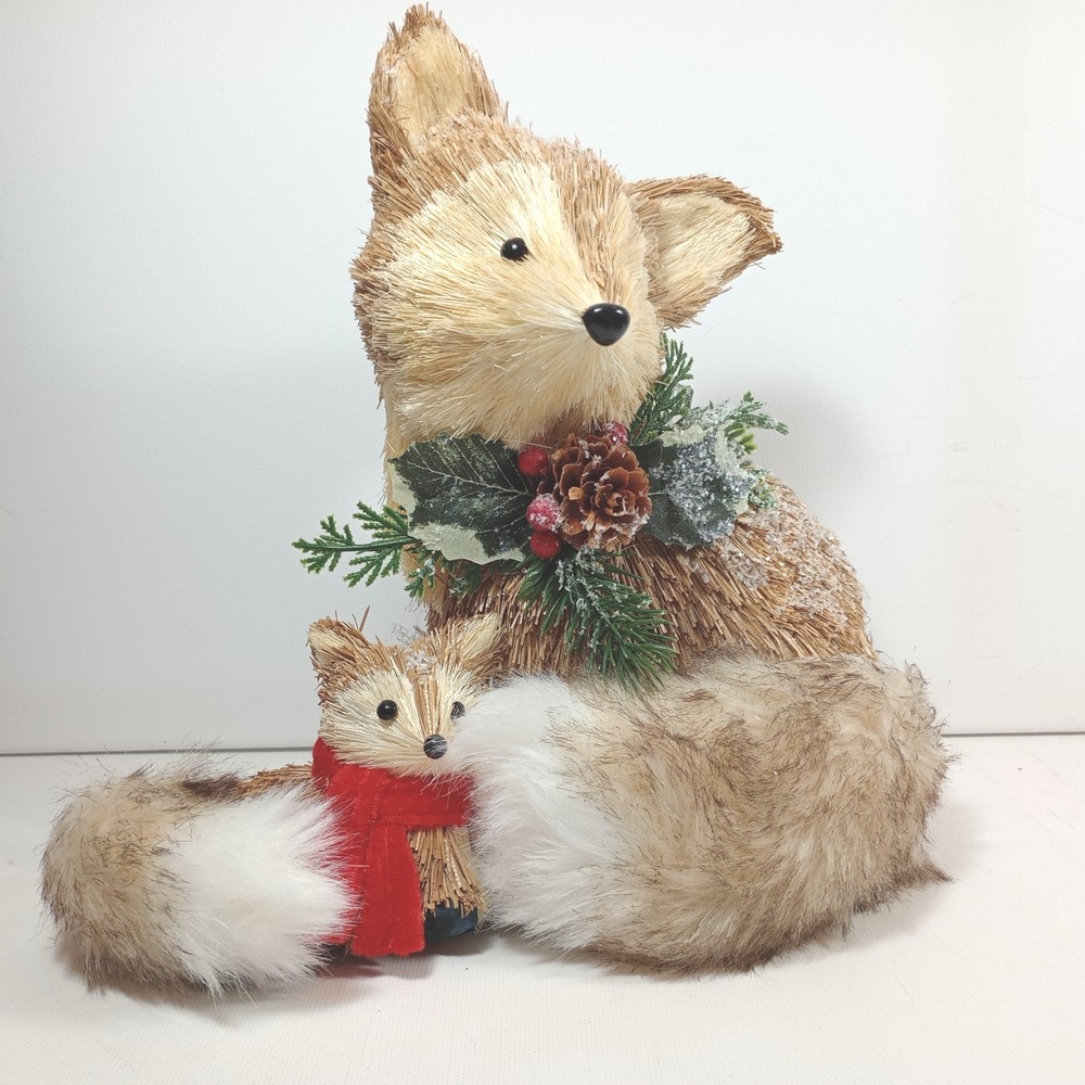 Sisal Fox Figurine Duo Woodland Christmas Decor Rustic Winter Table Top 10''